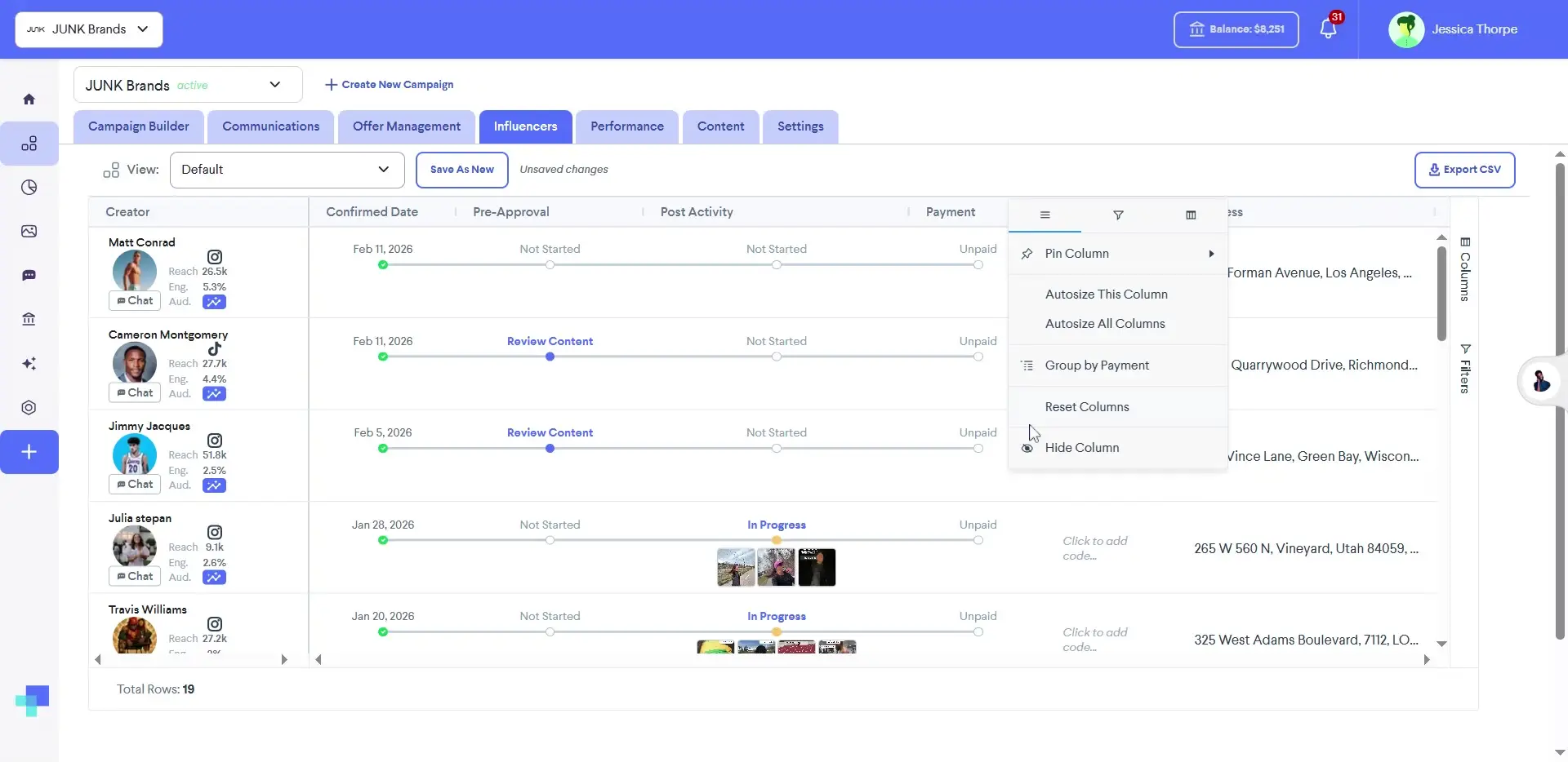 The user is interacting with the 'Influencers' section of the partnrUP platform, specifically within the column management options, as indicated by the dropdown menu with options like 'Hide Column'.