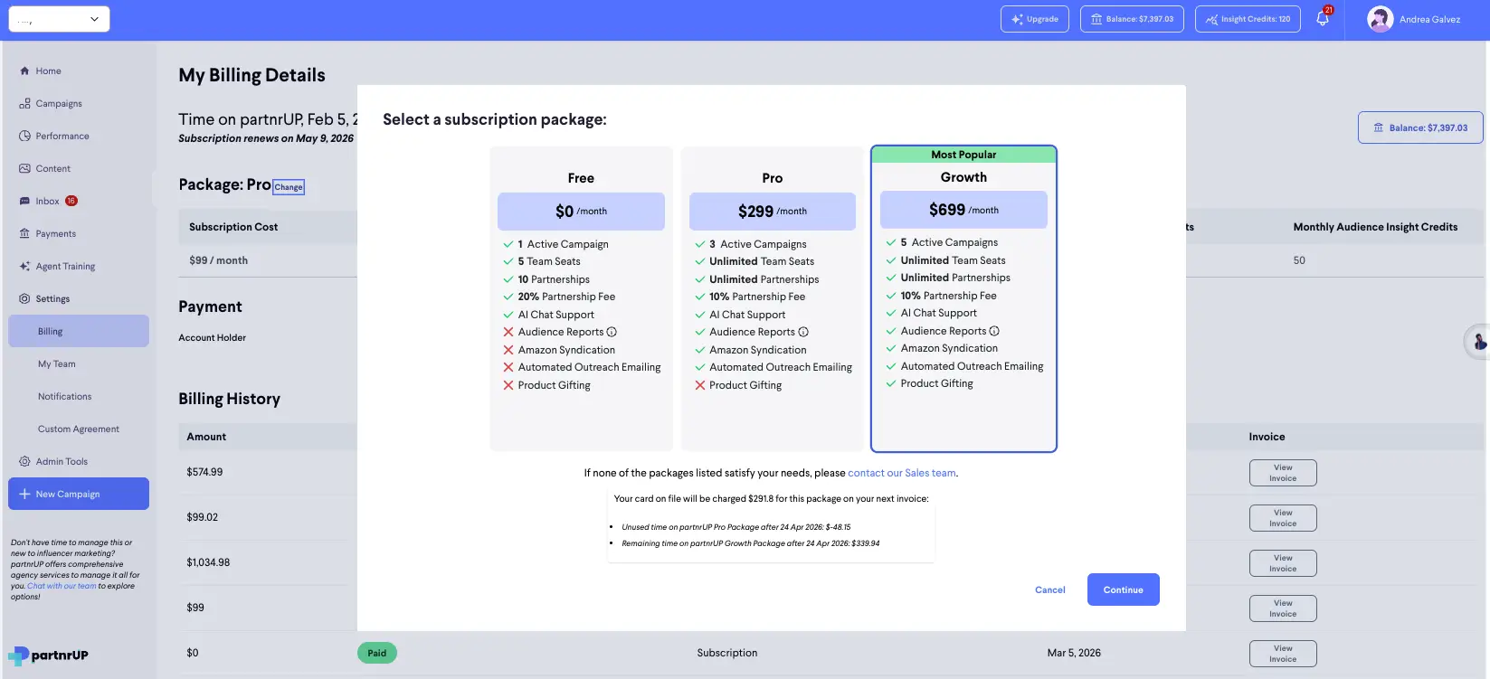 partnrUP for Brands - My Billing Details page showing subscription package options.