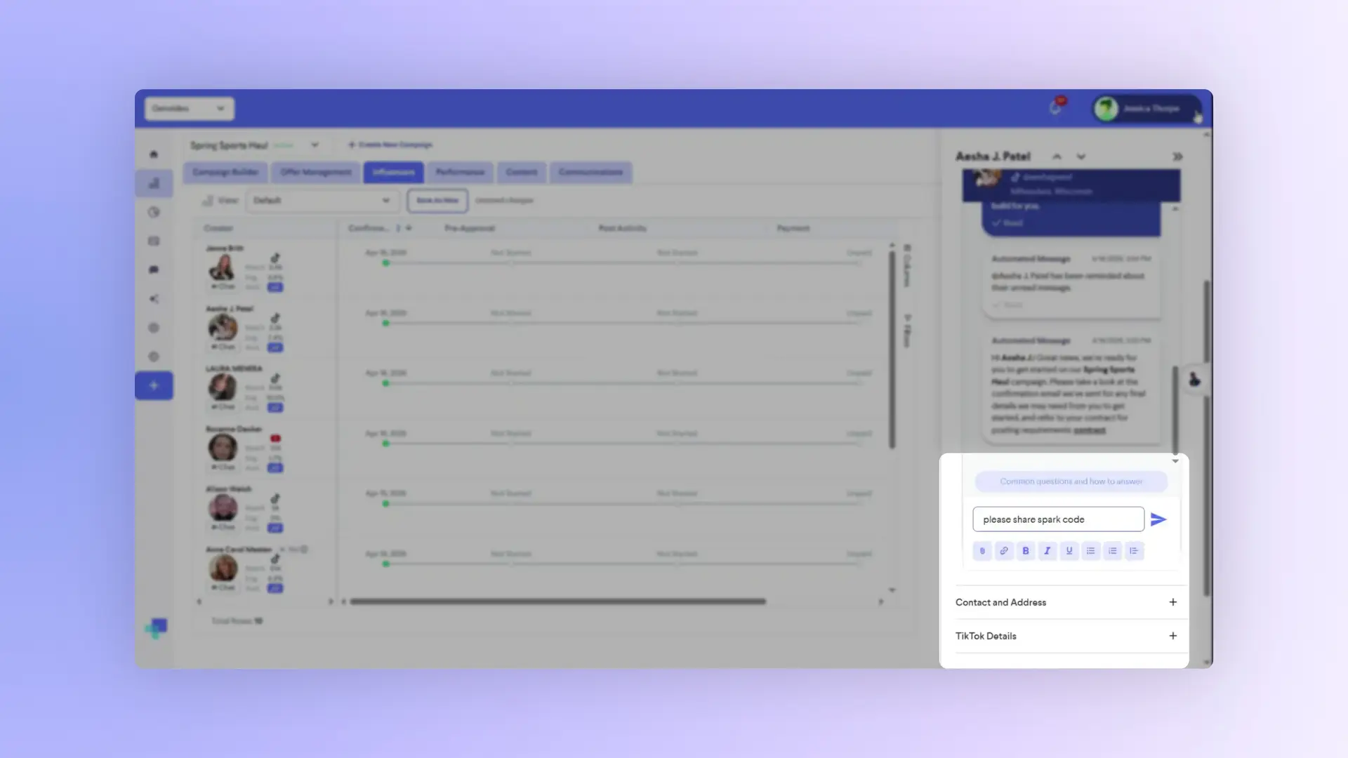 The screenshot shows the Influencers tab within the partnrUP platform, displaying a list of creators and their campaign statuses. A chat window with Aesha J. Patel is open, showing automated messages and a prompt to share a spark code.