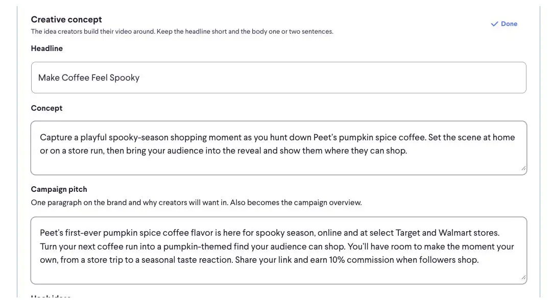 This screenshot shows the 'Creative concept' section of the partnrUP for Brands platform, where users can define the headline, concept, and campaign pitch for influencer marketing campaigns. It includes details for a campaign promoting Peet's pumpkin spice coffee.