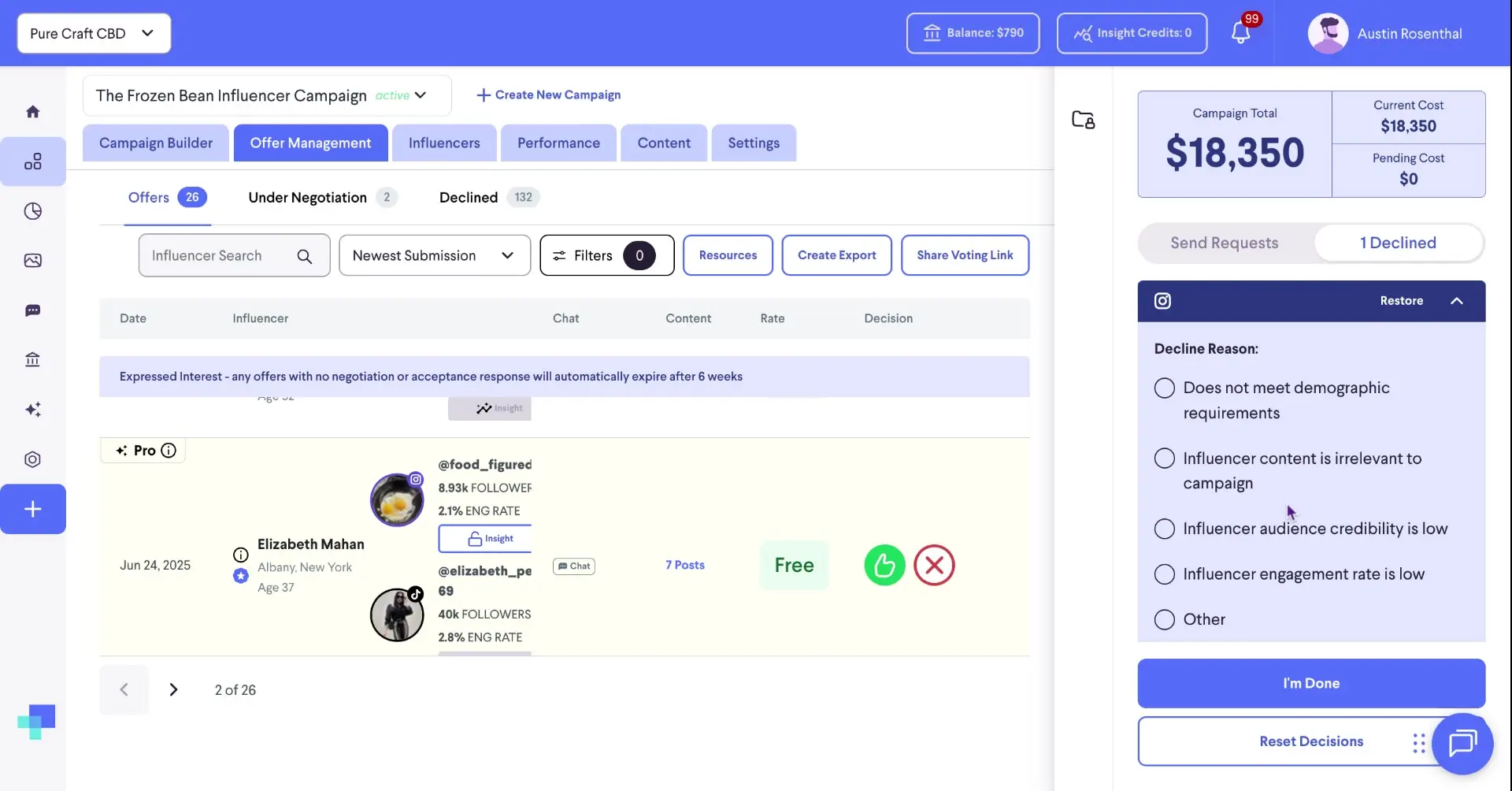 The Offer Management page displays a list of influencers with their details, allowing users to manage offers and decline them with specific reasons.