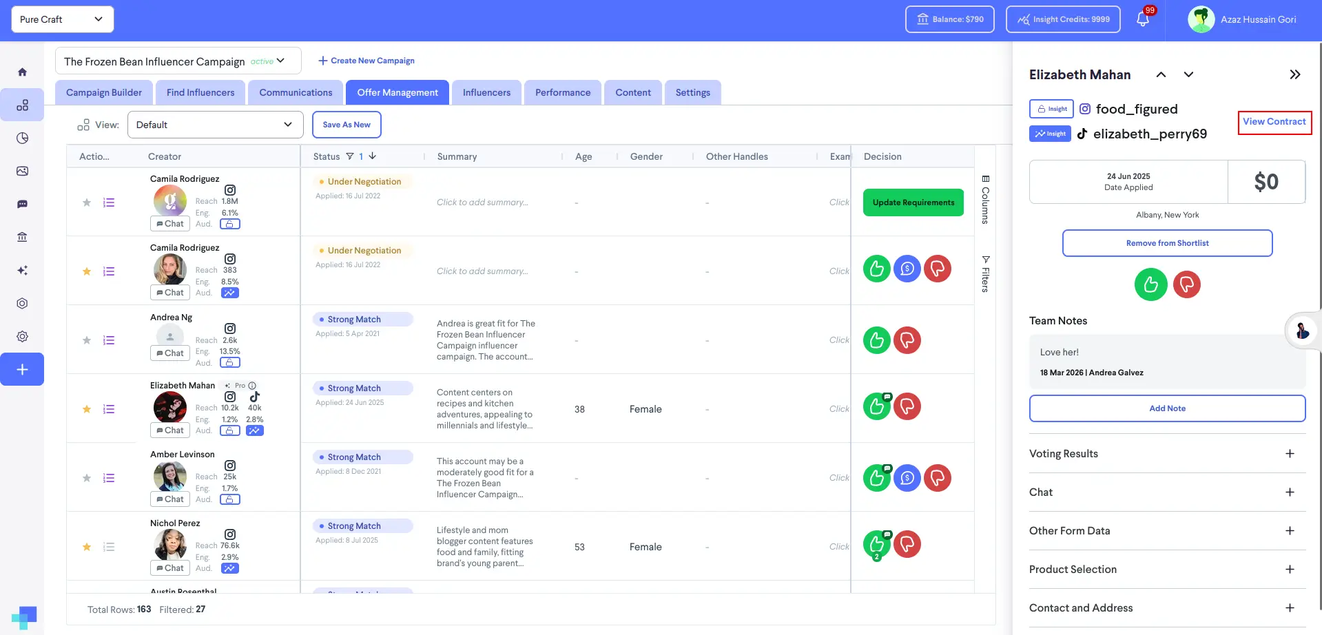 partnrUP for Brands Offer Management screen for The Frozen Bean Influencer Campaign showing creator list and detailed view of selected creator.