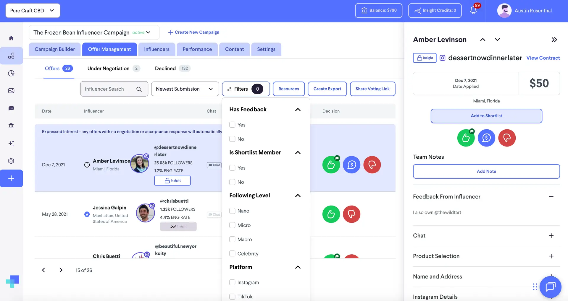 Offer Management screen for The Frozen Bean Influencer Campaign in partnrUP for Brands platform.