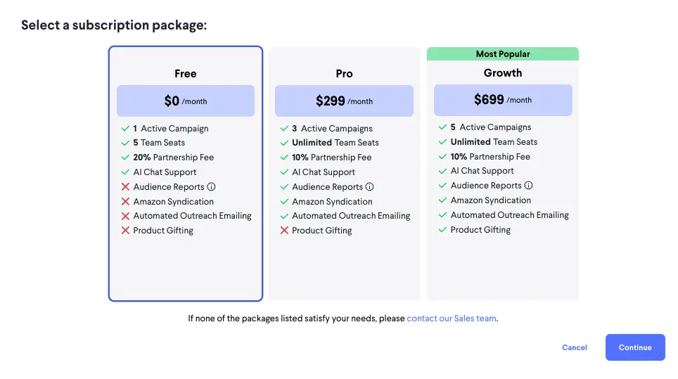 partnrUP for Brands subscription package selection screen