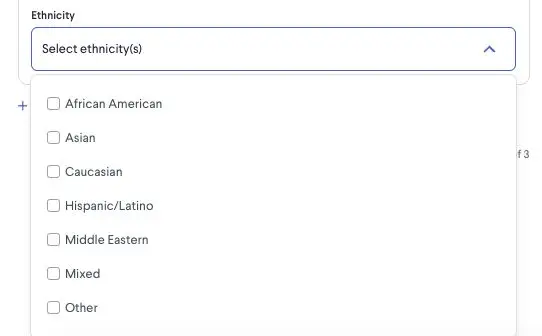 The screenshot shows a dropdown menu for selecting ethnicity, with options including African American, Asian, Caucasian, Hispanic/Latino, Middle Eastern, Mixed, and Other. This feature is likely part of a creator discovery or profile management tool within the partnrUP for Brands platform.