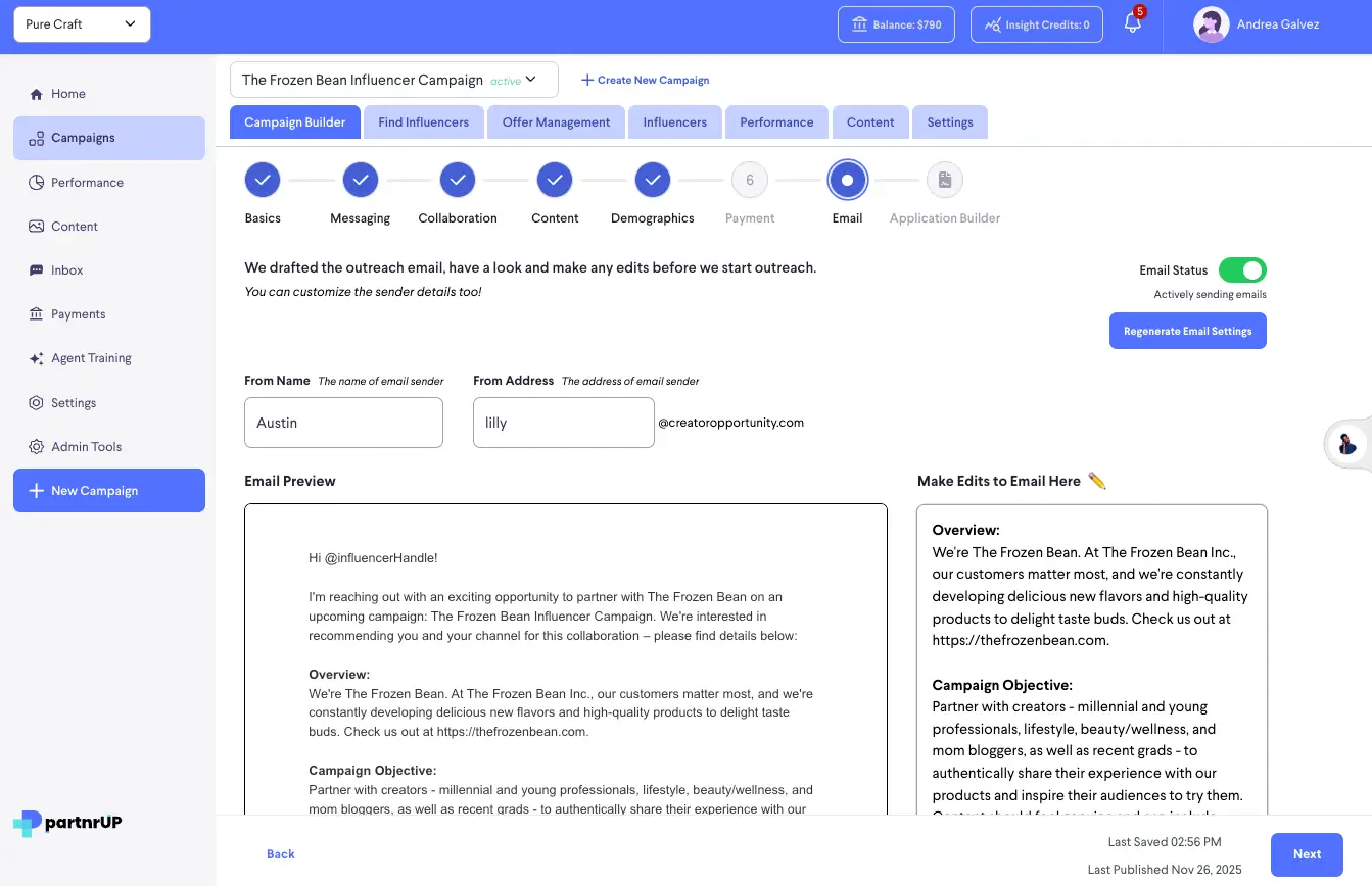 partnrUP for Brands - Email section of Campaign Builder for The Frozen Bean Influencer Campaign.