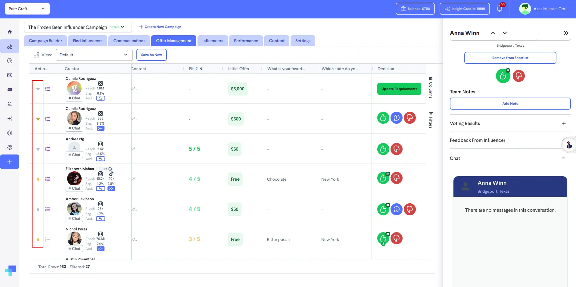 Offer Management screen for The Frozen Bean Influencer Campaign in partnrUP for Brands platform.