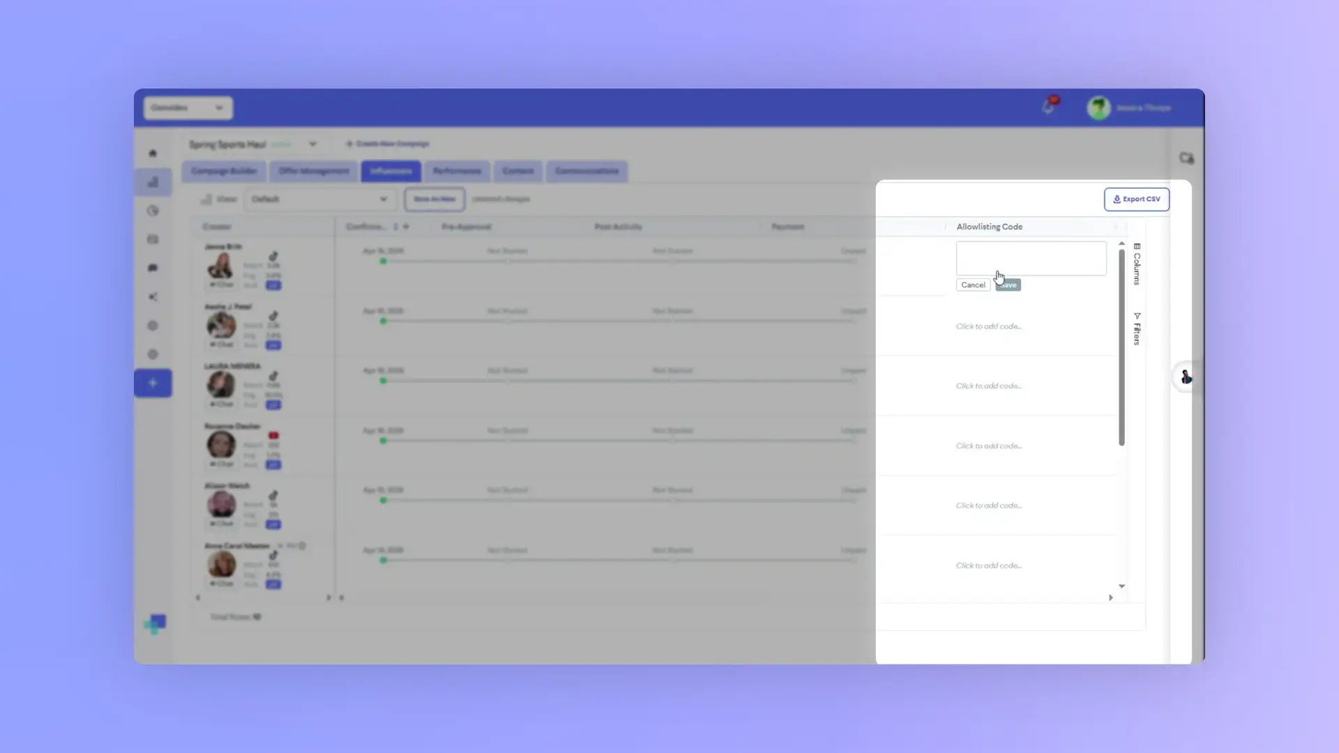 The screenshot displays the 'Influencers' section of the partnrUP platform, showing a list of creators with details like reach and engagement, and options to manage their campaigns, including adding allowlisting codes.