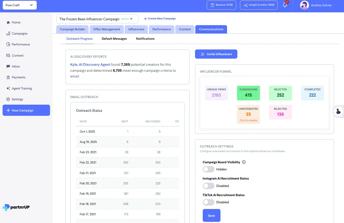 partnrUP for Brands platform Communications tab for The Frozen Bean Influencer Campaign showing AI Discovery Efforts, Email Outreach, Influencer Funnel, and Outreach Settings.