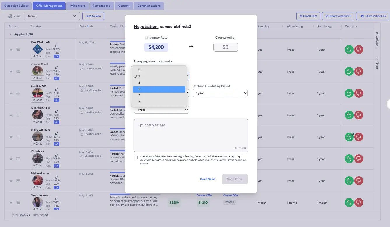 Offer Management section in partnrUP for Brands showing influencer negotiation interface.