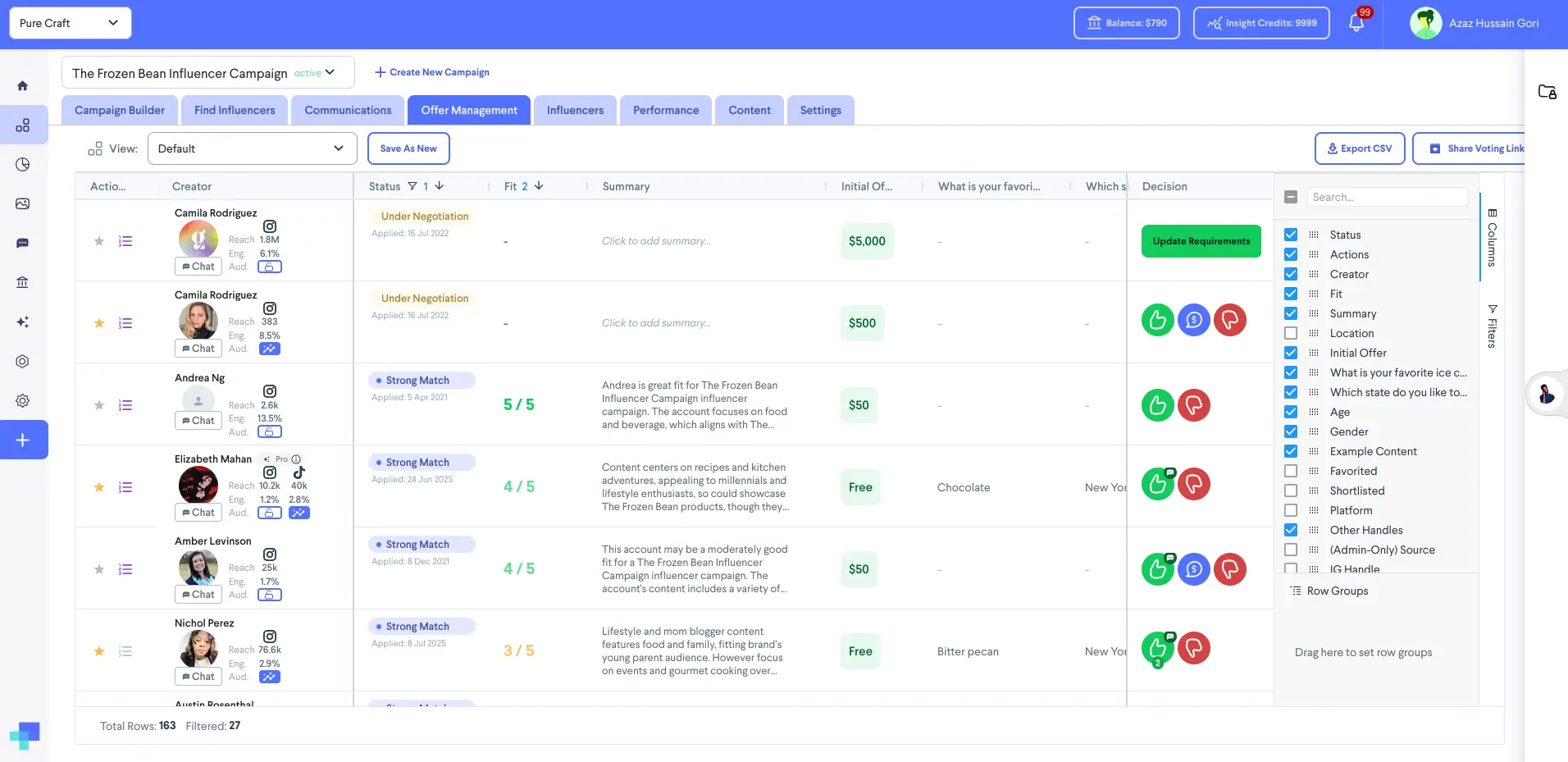Offer Management section of The Frozen Bean Influencer Campaign in partnrUP for Brands platform.