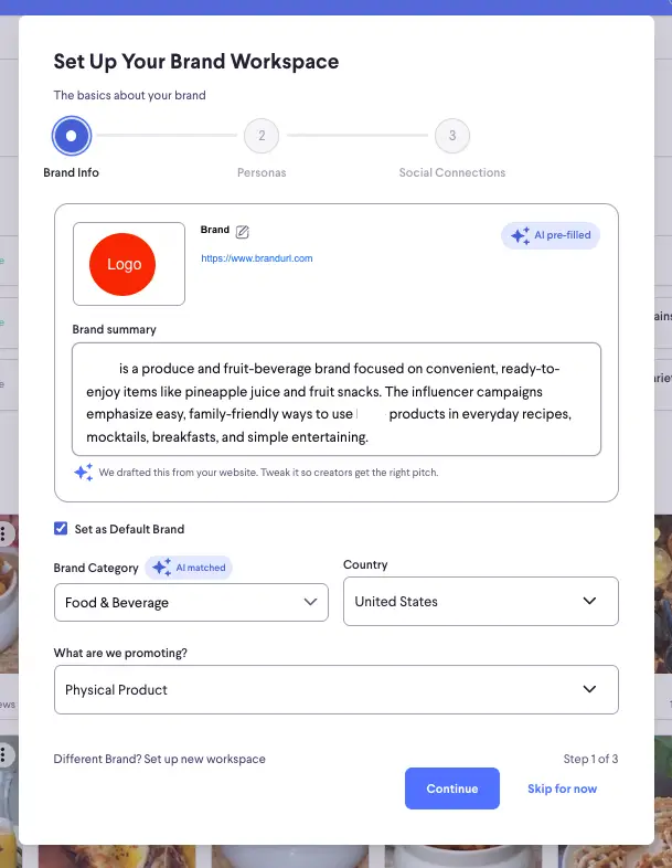 Step 1: Brand Basics - Set Up Your Brand Workspace screen in partnrUP for Brands platform.