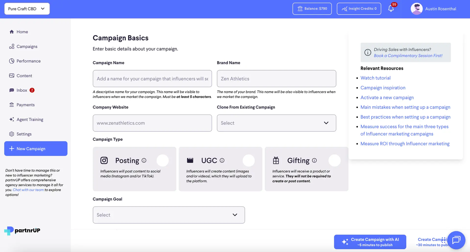 partnrUP for Brands - Campaign Basics page for creating a new marketing campaign