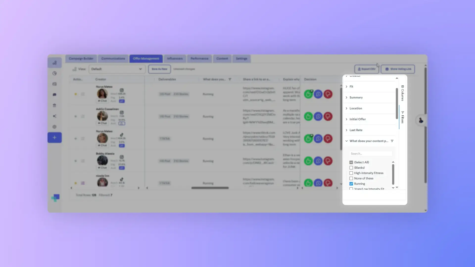 The screenshot shows the Offer Management section of the partnrUP platform, with a filter applied to show campaigns related to "Running" content, displaying creator information and campaign details.