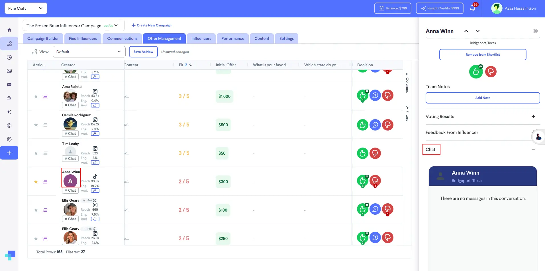 Offer Management screen for The Frozen Bean Influencer Campaign in partnrUP for Brands platform.