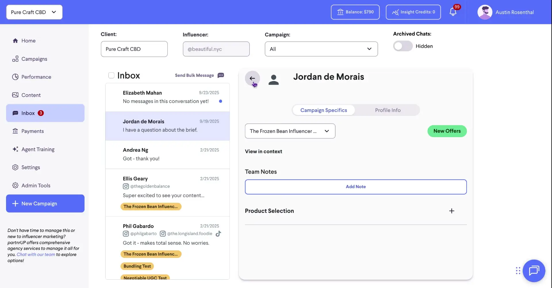 The screenshot shows the inbox view within the partnrUP platform, displaying a conversation with an influencer named Jordan de Morais, along with options to view campaign specifics and add notes.
