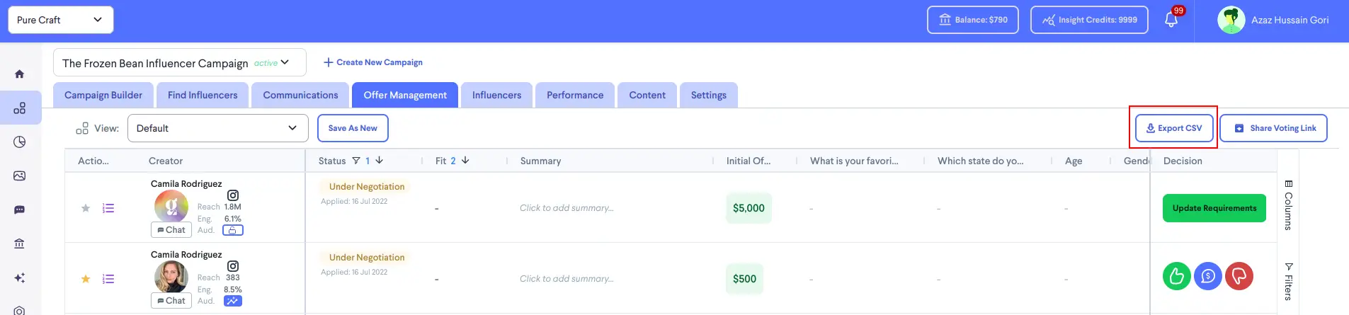 partnrUP for Brands Offer Management screen for The Frozen Bean Influencer Campaign with Export CSV option.