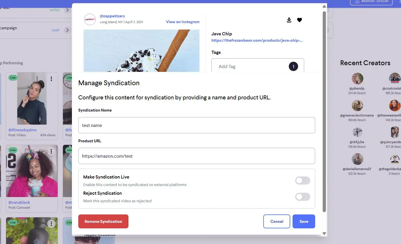 The "Manage Syndication" modal allows users to configure content for syndication by providing a name and product URL. Users can also choose to make the syndication live or reject it.