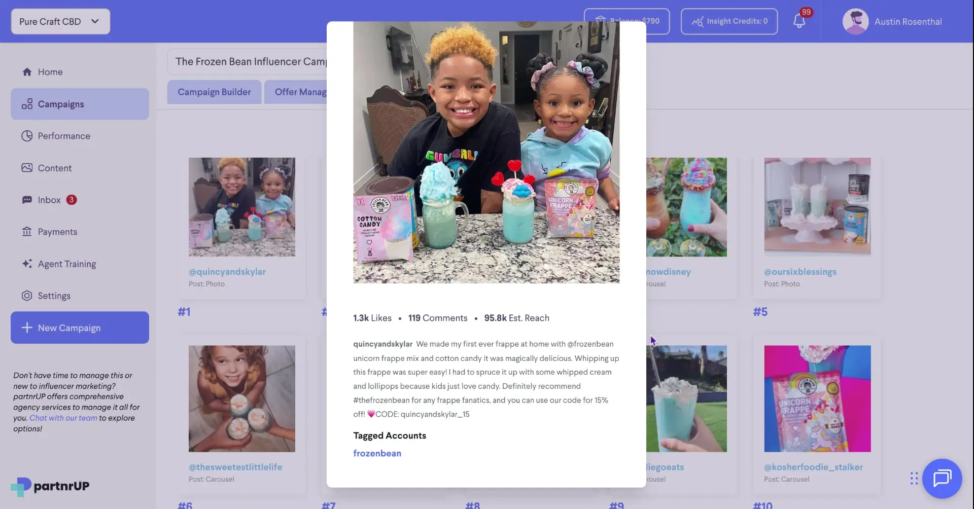 The screenshot displays a campaign overview within the partnrUP platform, showcasing influencer content related to "The Frozen Bean." It highlights individual posts with engagement metrics and creator information.