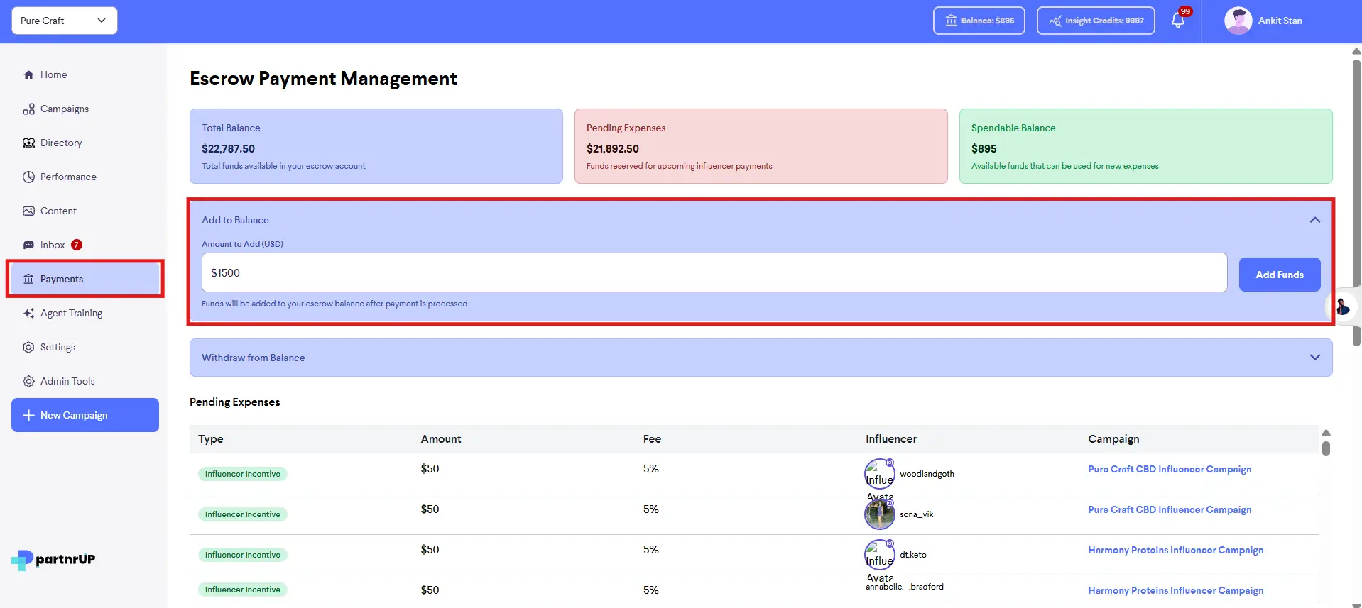 partnrUP for Brands - Escrow Payment Management screen showing balance details and pending expenses.