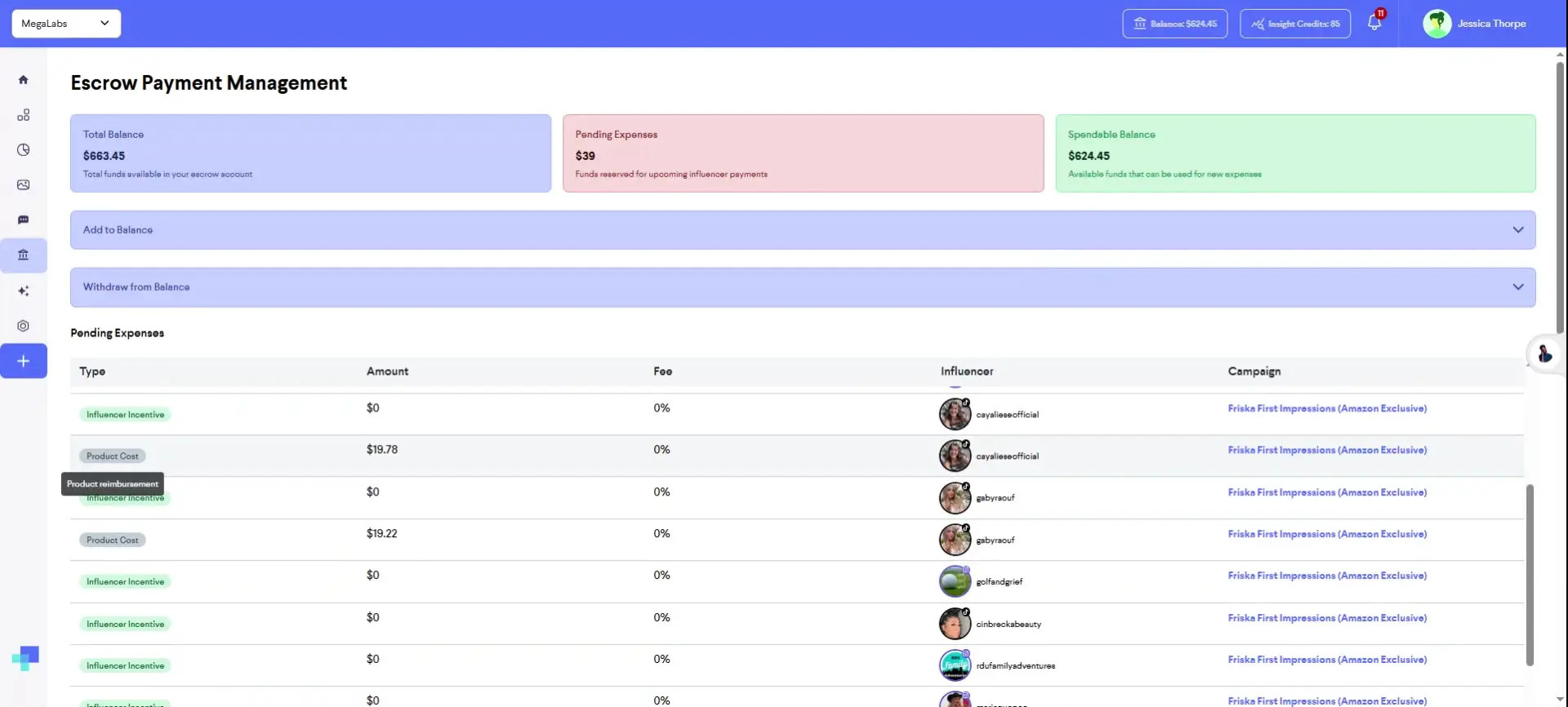 The screenshot displays the Escrow Payment Management section, showing the total balance, pending expenses, and spendable balance. It also lists pending expenses with details like type, amount, fee, influencer, and campaign.