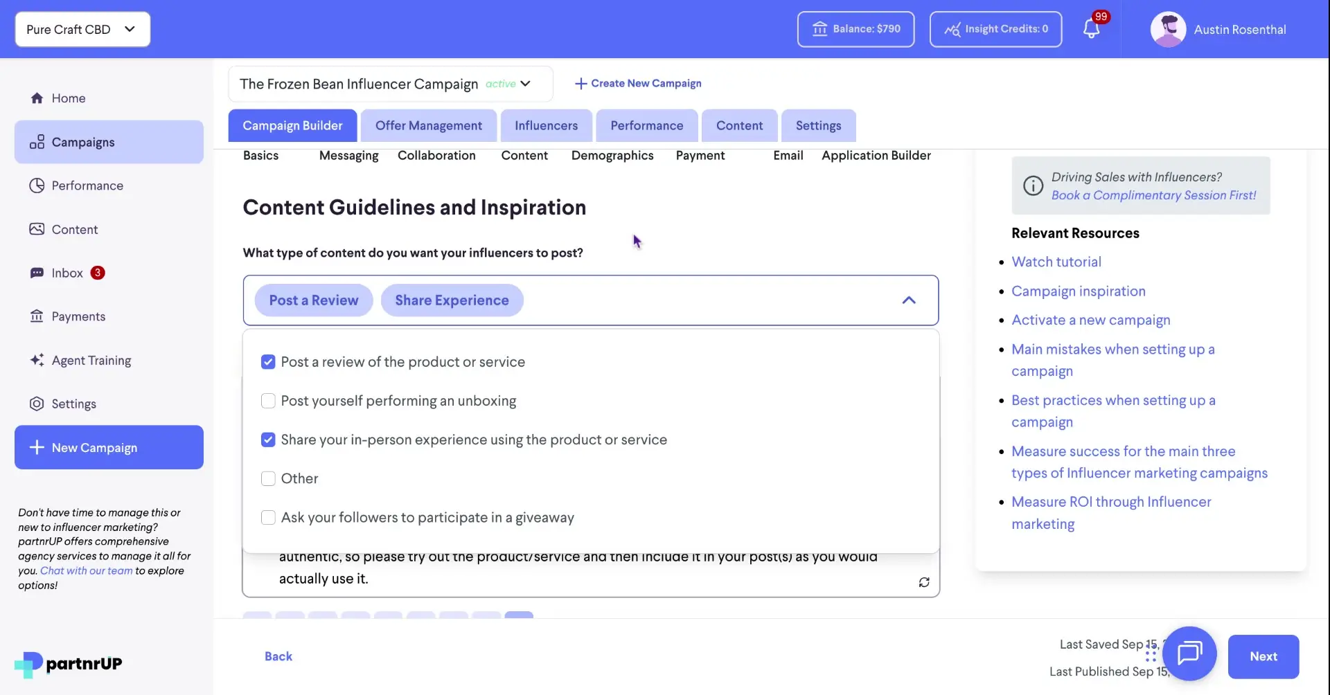 The screenshot shows the content guidelines and inspiration section within the campaign builder of the partnrUP platform. It allows users to specify the type of content they want influencers to post, such as reviews, unboxing videos, or sharing their experience.
