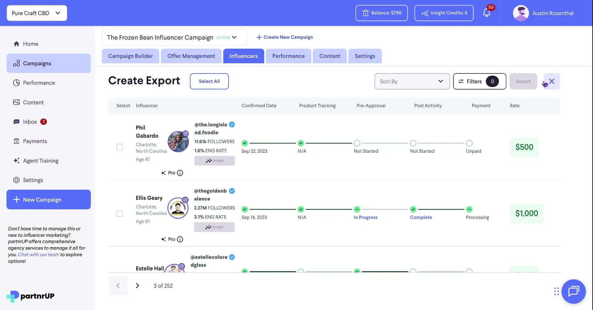 The user is viewing the 'Create Export' section within the Influencers tab of the Frozen Bean Influencer Campaign, with options to select influencers and export data.
