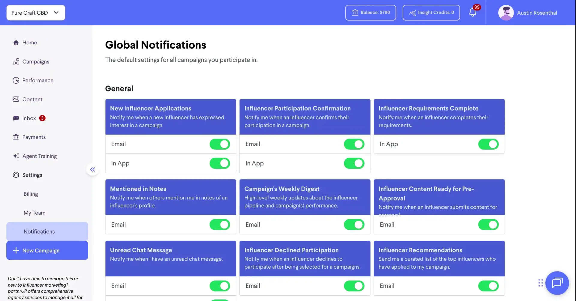The screenshot displays the Global Notifications settings page, where users can customize their notification preferences for various influencer marketing activities, such as new applications, participation confirmations, and content approvals.