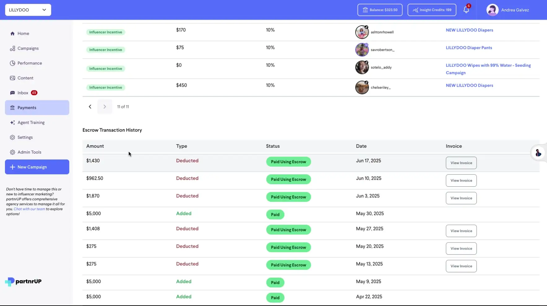 The screenshot displays the 'Payments' section of the partnrUP platform, showcasing the Escrow Transaction History, including amounts, types, statuses, dates, and invoice options.