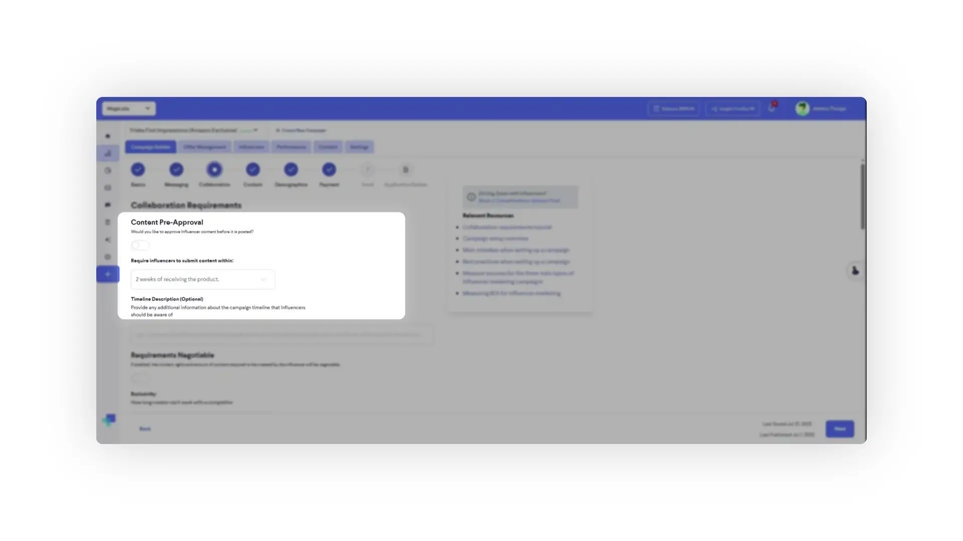 The screenshot displays the 'Collaboration Requirements' section within the campaign builder, where users can set content pre-approval, content submission deadlines, and other collaboration guidelines for influencer campaigns.