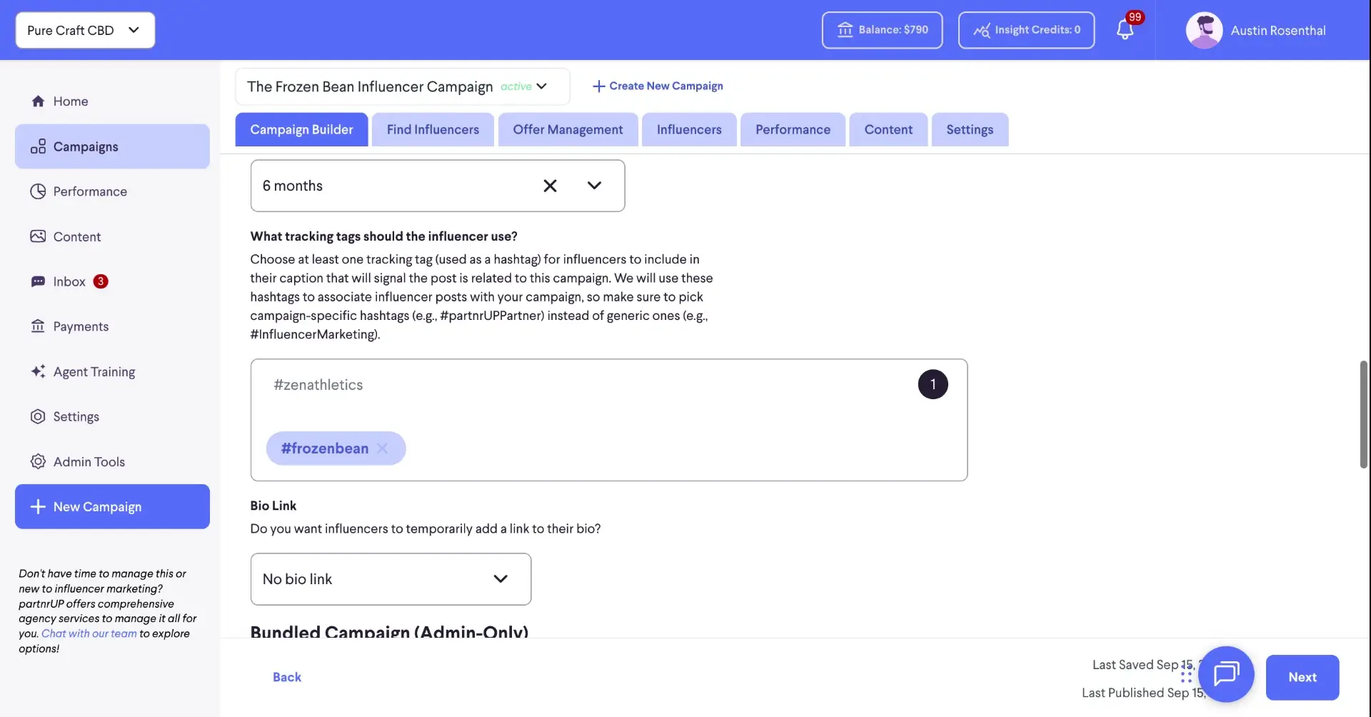The screenshot shows the campaign builder interface for the "Frozen Bean Influencer Campaign". It allows users to set campaign duration, tracking tags, and bio link information.