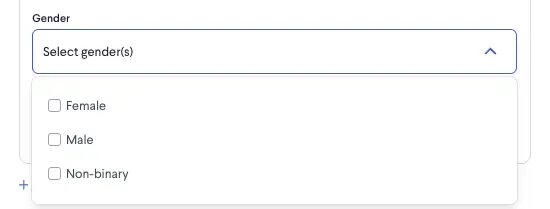 partnrUP for Brands - Brand Setup gender selection dropdown