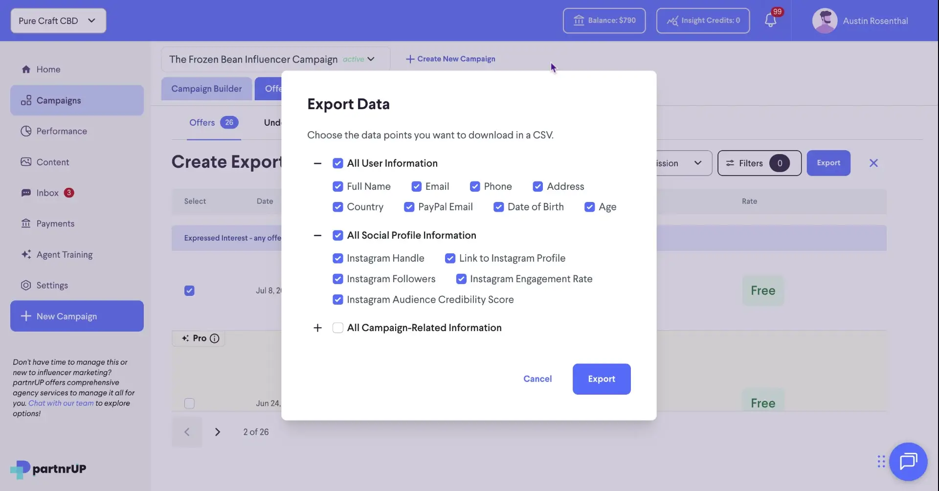 The user is in the process of exporting data from the platform. They are presented with a modal to select the data points to include in the CSV export, including user information and social profile information.