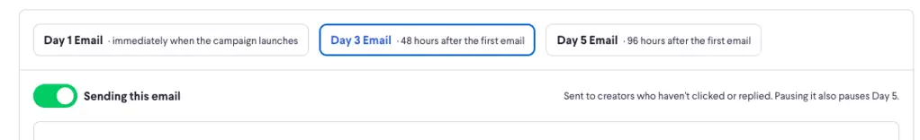 Outreach Email Settings in Campaign Set Up showing Day 1, Day 3, and Day 5 email options.