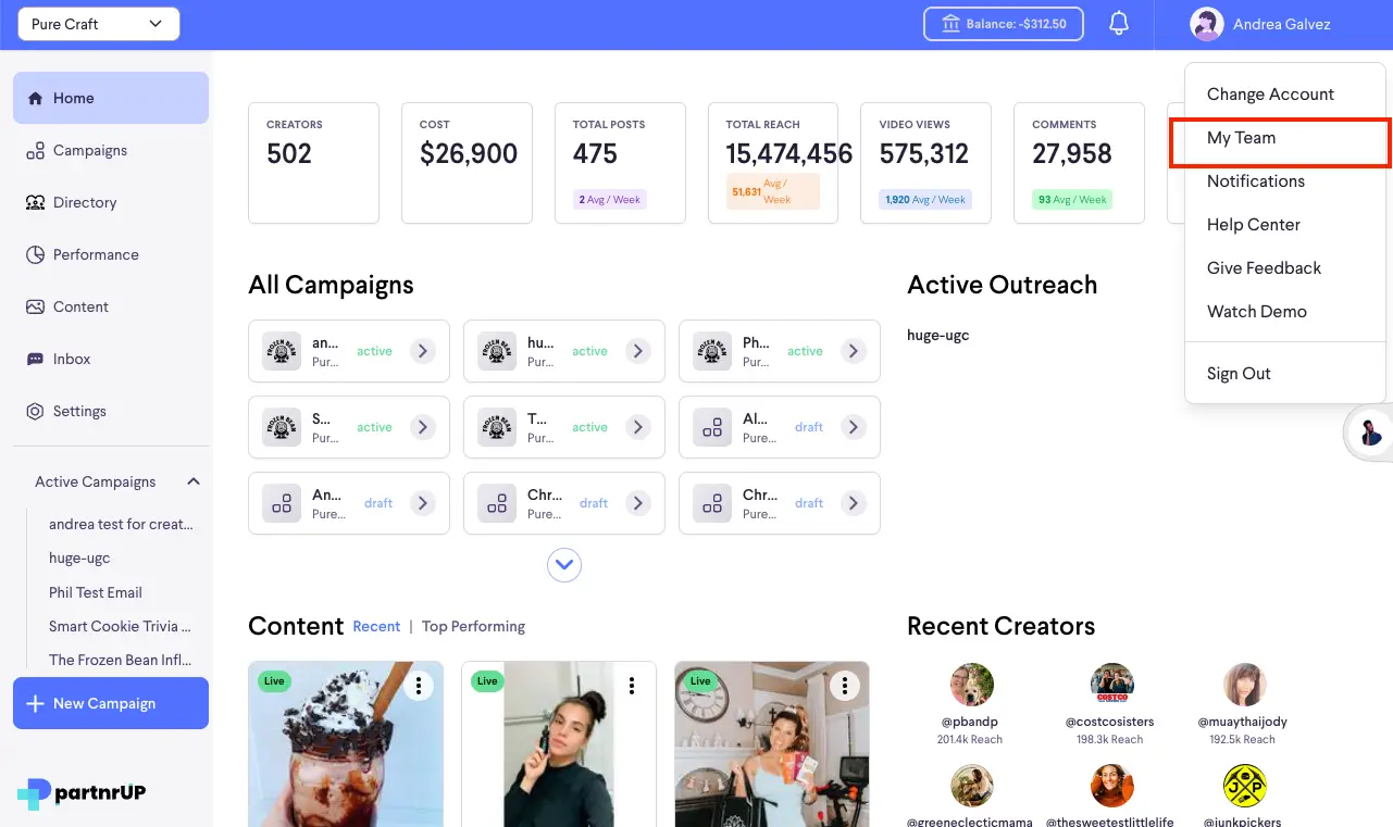 partnrUP for Brands dashboard showing Home section with metrics, campaigns, content, and team management options.