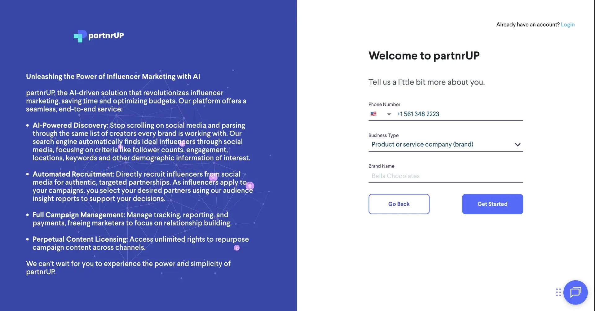 The screenshot shows the partnrUP platform's welcome screen for new users. It prompts users to enter their phone number, business type, and brand name to begin the account creation process.