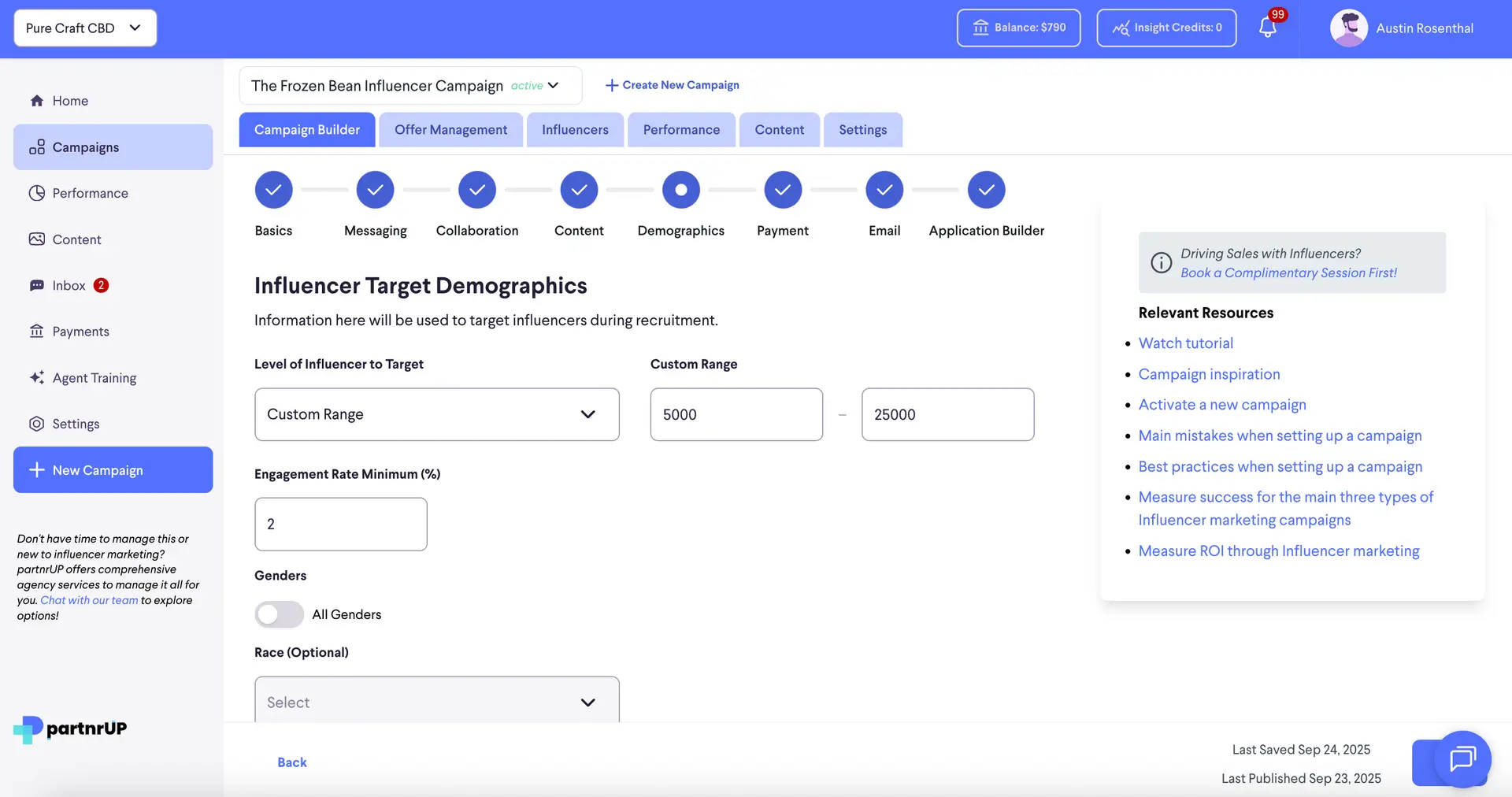 partnrUP Campaign Builder - Influencer Target Demographics for The Frozen Bean Influencer Campaign