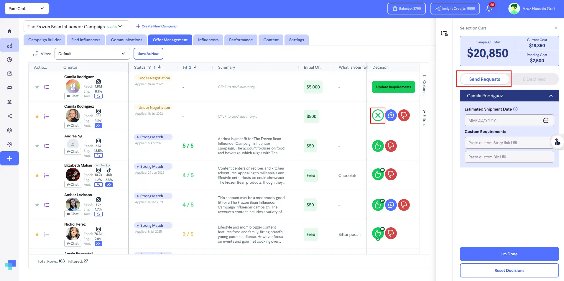 Offer Management screen for The Frozen Bean Influencer Campaign in partnrUP for Brands platform.