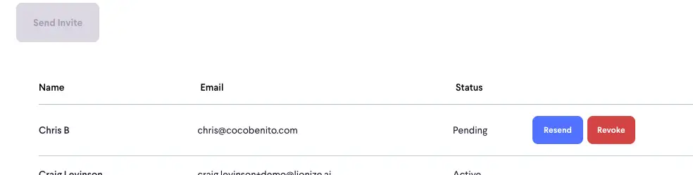 partnrUP for Brands platform team member invitation management screen showing pending and active statuses with resend and revoke options.