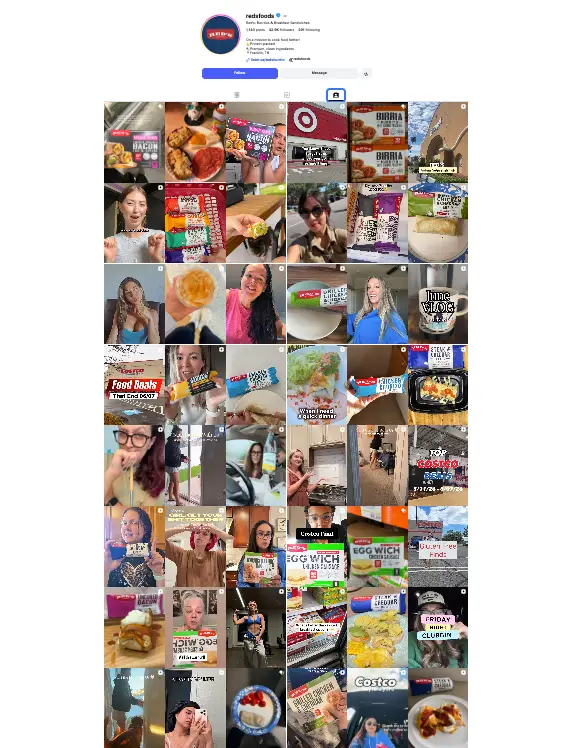 Instagram profile page of redsfrozenfoods with a grid of food-related posts.