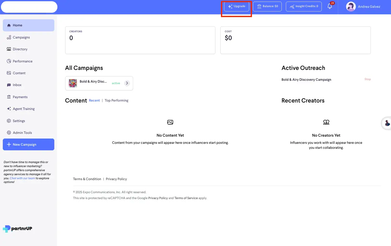 partnrUP for Brands home dashboard with upgrade option and campaign overview.