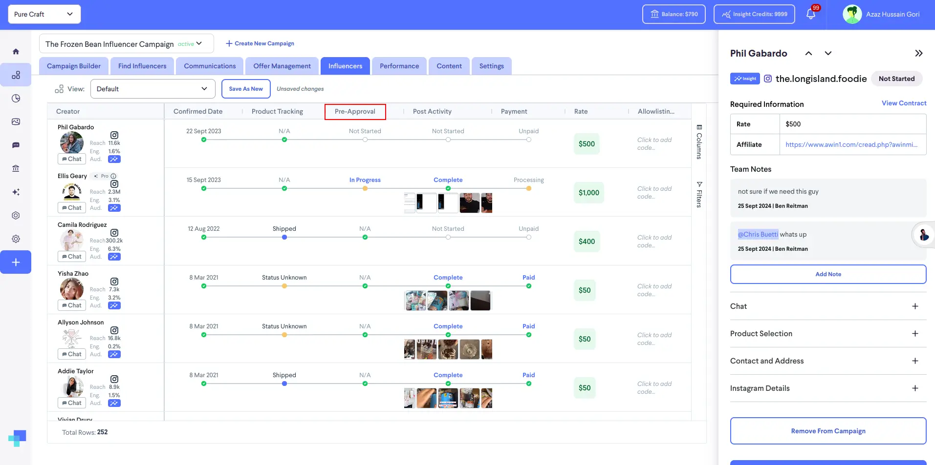 Active Campaign Management screen for tracking influencer progress in The Frozen Bean Influencer Campaign on partnrUP for Brands platform.