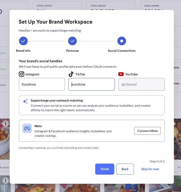 The screenshot shows the "Set Up Your Brand Workspace" screen, which is step 3 of 3 in the onboarding process. Users can input their brand's social media handles for Instagram, TikTok, and YouTube to help supercharge outreach matching. They can also connect their Meta (Instagram & Facebook) accounts for audience insights and creator overlap analysis.