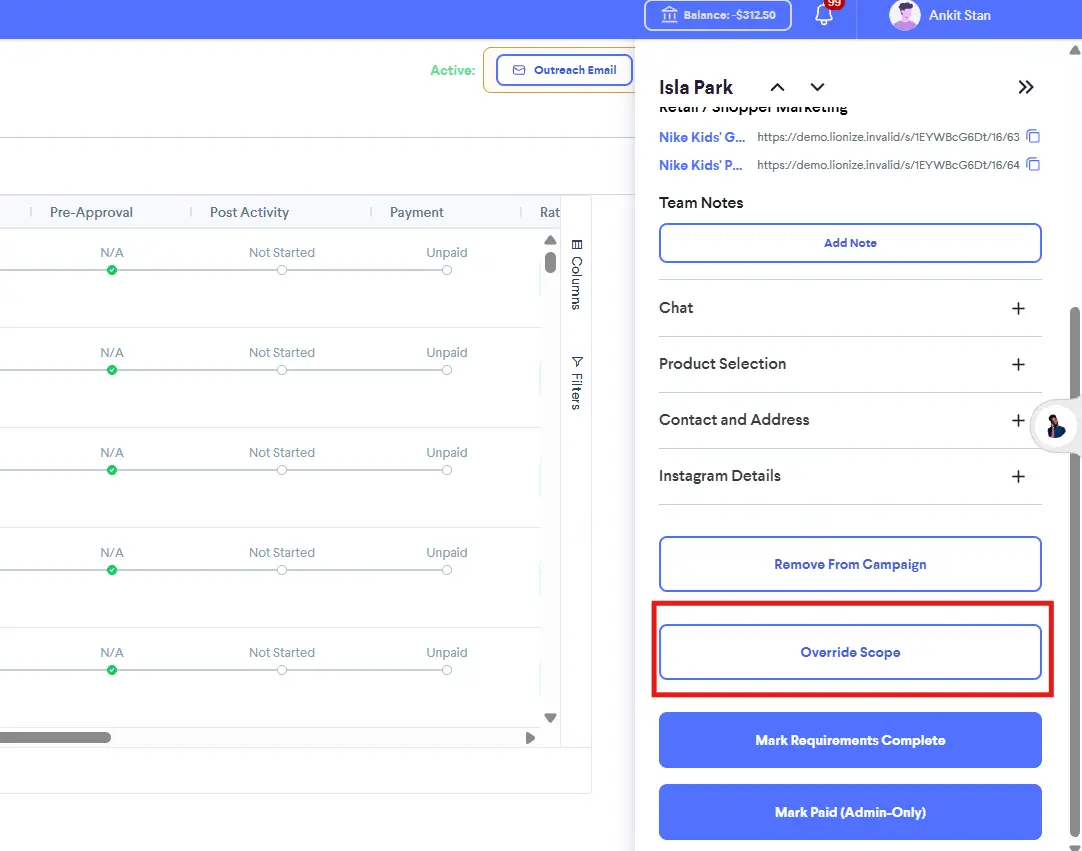 partnrUP for Brands Campaign Set Up screen showing Override Creator Scope option.