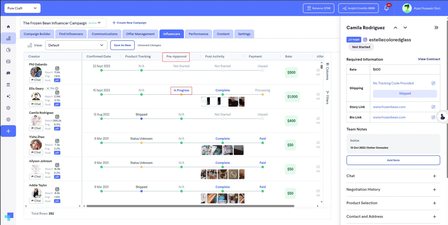 Active Campaign Management screen for the Frozen Bean Influencer Campaign in partnrUP for Brands platform.