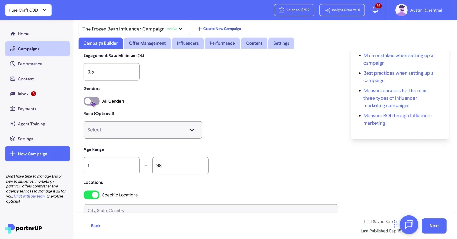 The screenshot shows the campaign builder interface within the partnrUP platform, where the user is setting up campaign parameters, including engagement rate, gender, race, age range, and location.
