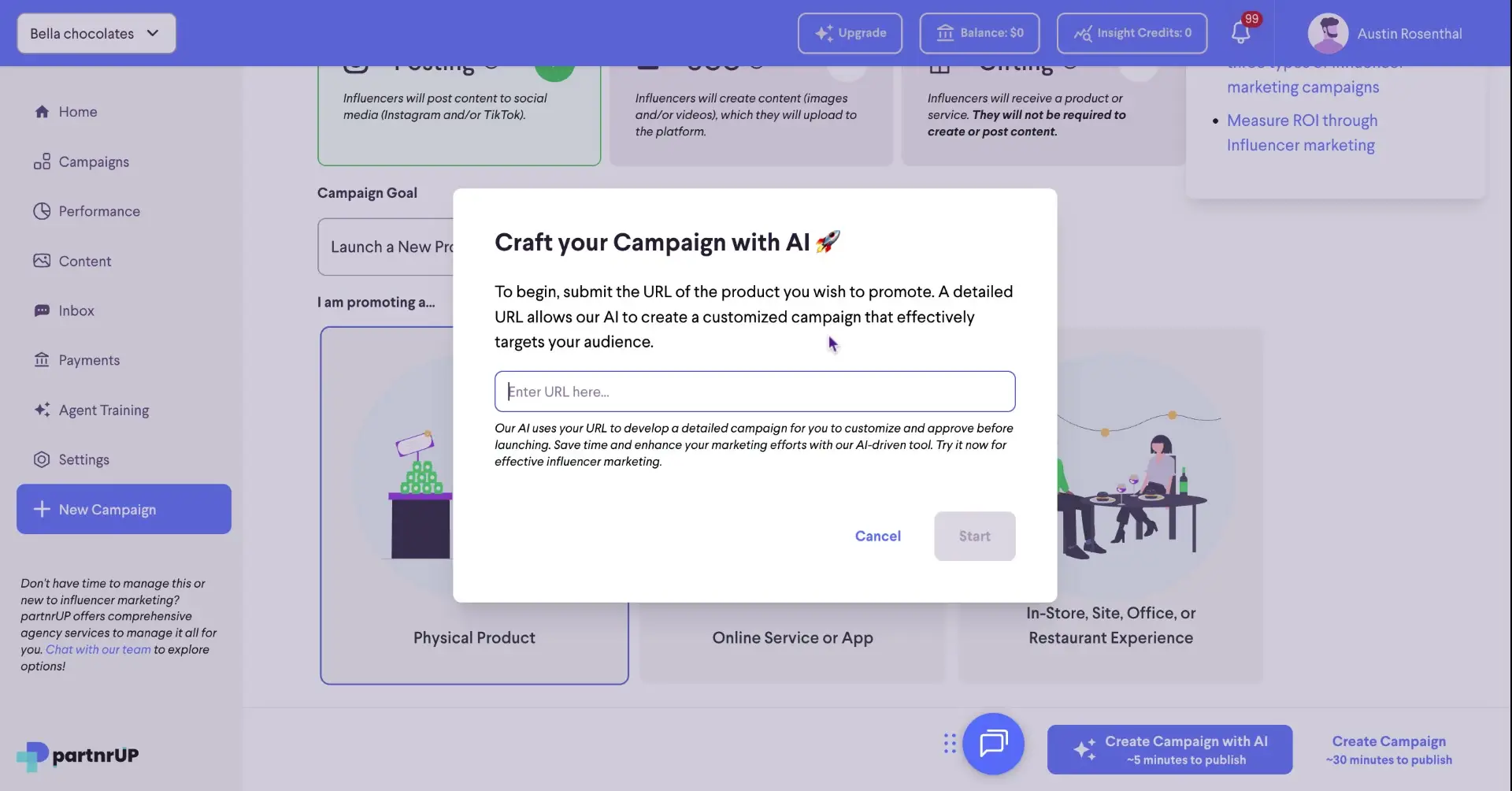 The user is prompted to enter a URL to create a customized campaign using AI, which will help target the audience effectively.