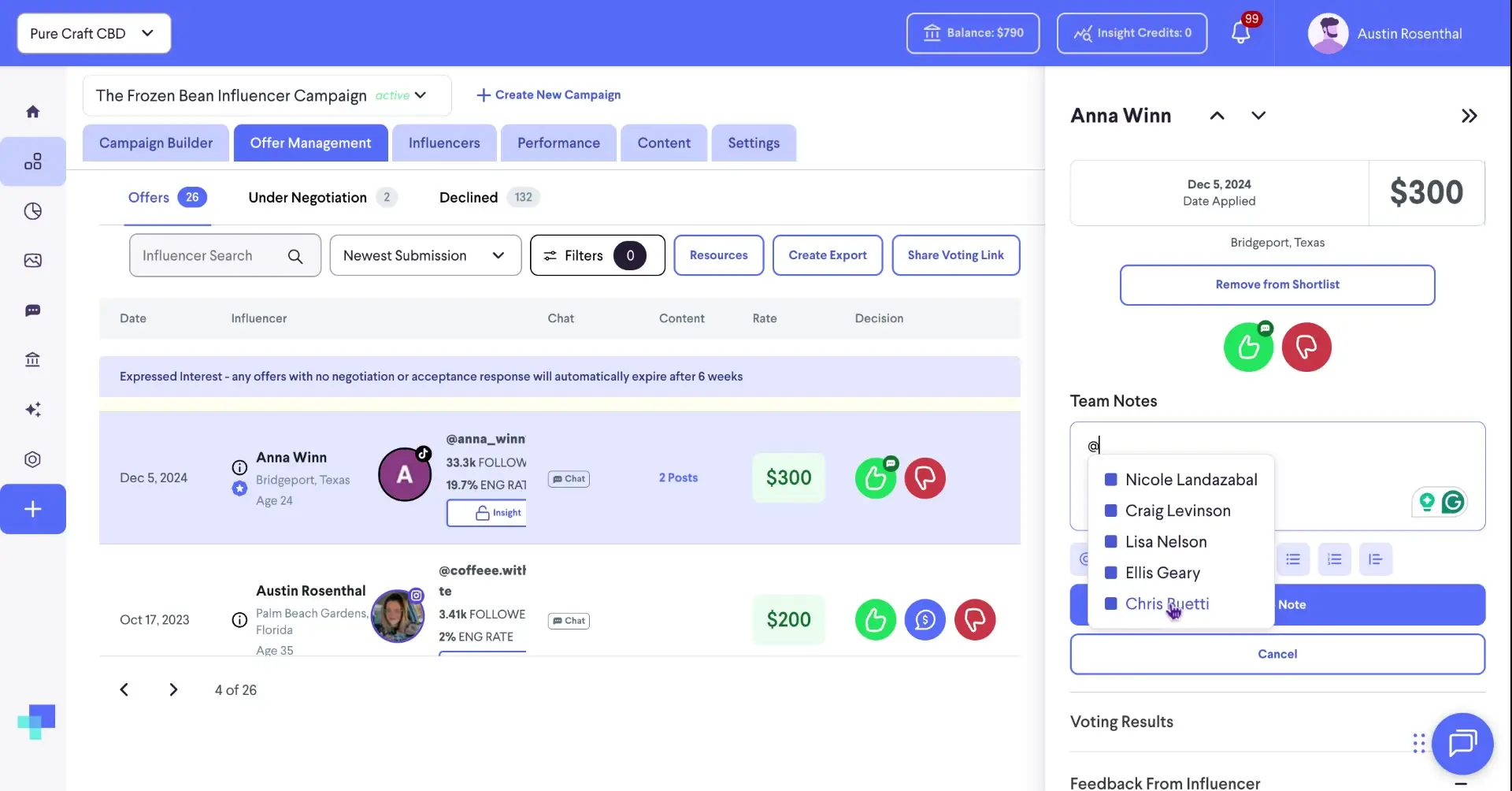 The user is adding a team note and tagging team members to discuss an influencer's profile within the partnrUP platform.
