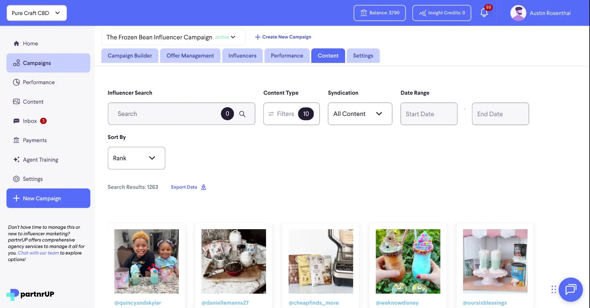 The screenshot displays the content view within the "The Frozen Bean Influencer Campaign." It allows users to search, filter, and sort content, as well as view content from various influencers.