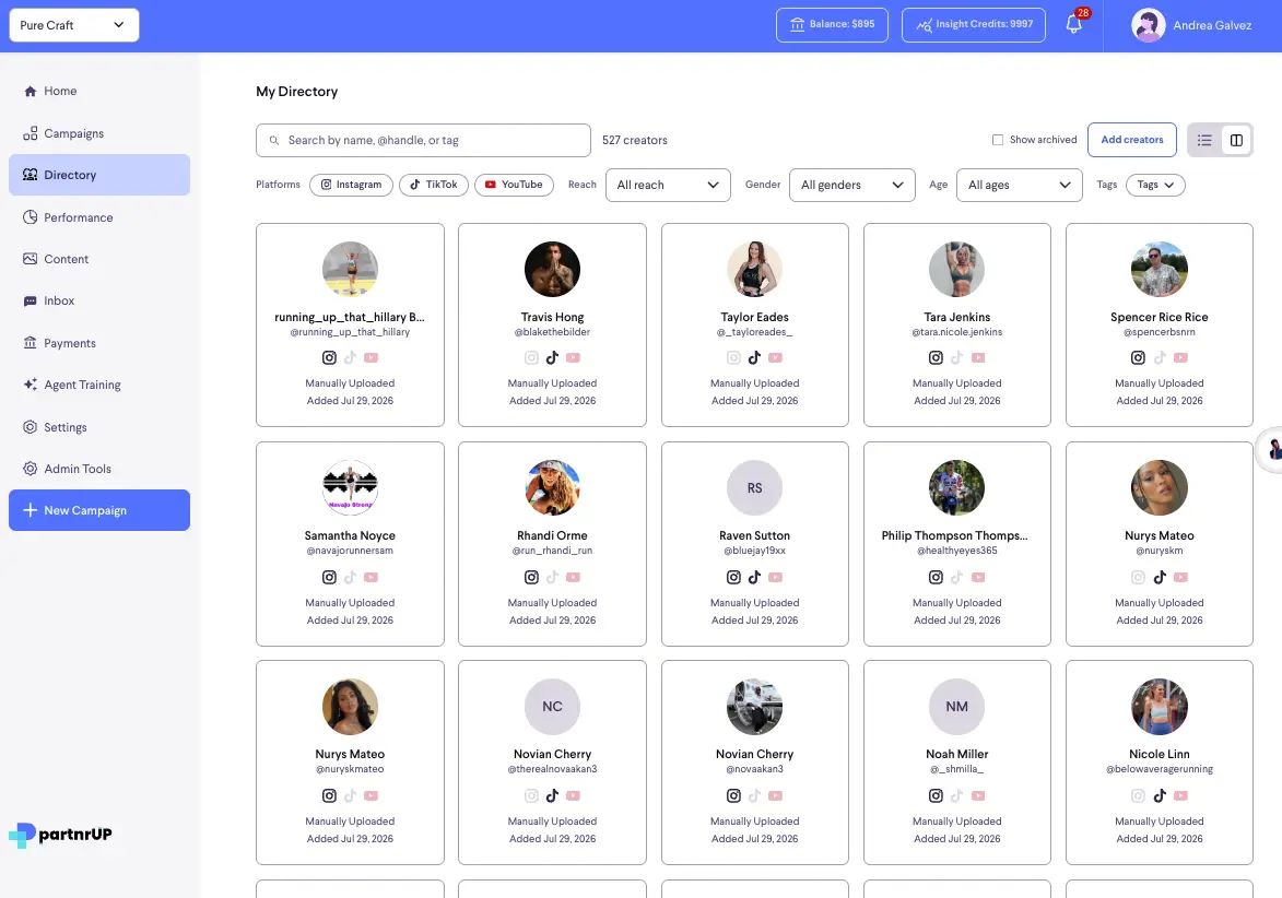 partnrUP for Brands - My Directory section showing creator profiles and navigation menu.